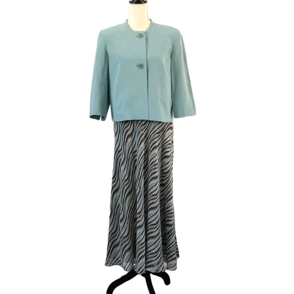 Jones New York Women’s Drop Waist Aqua Brown White & Gold Silk Maxi Skirt Size L